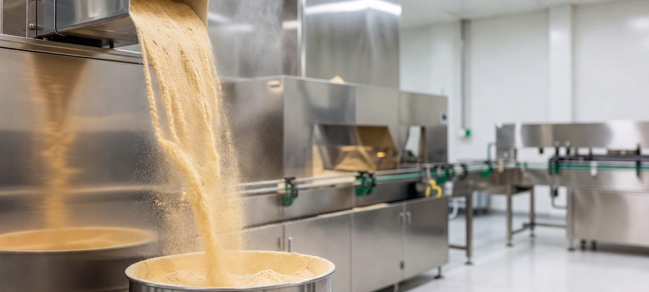 Spray dried soy protein isolate powder being collected